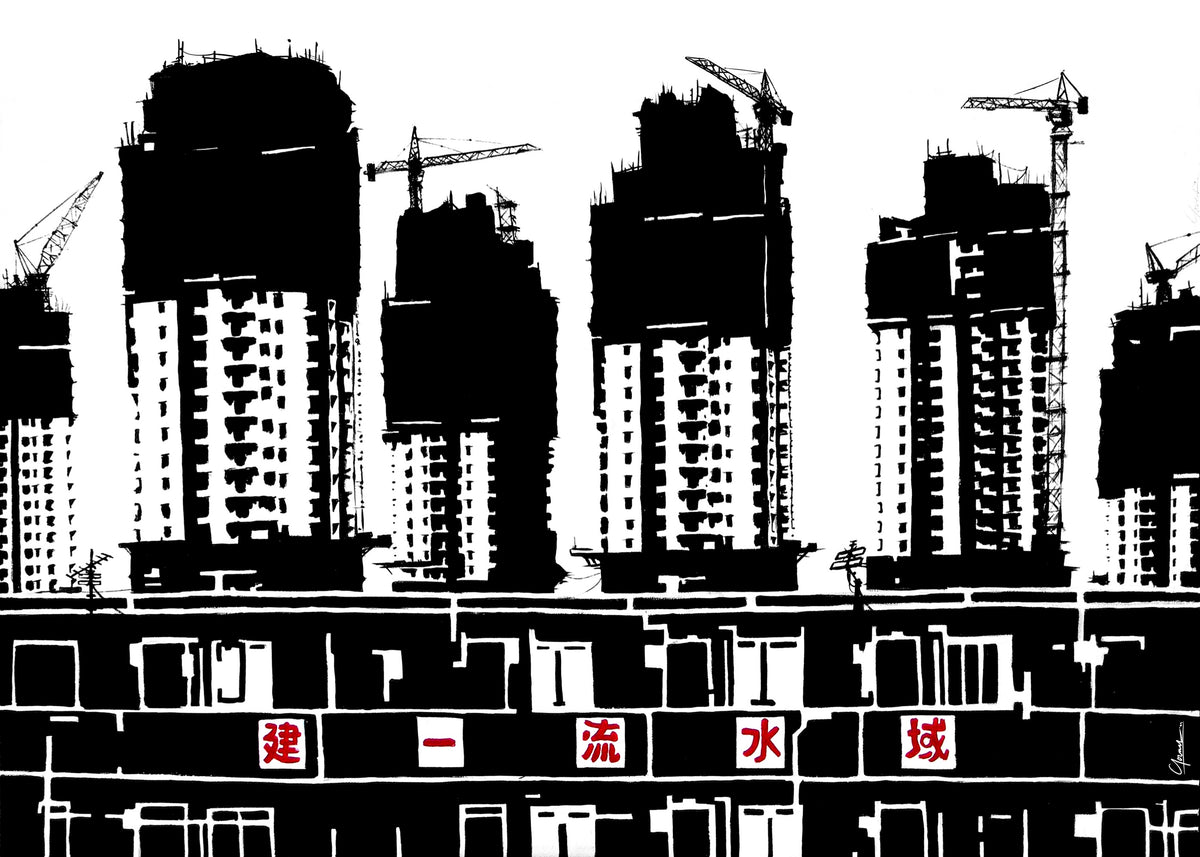 Shanghai Nieuwbouw poster, inkttekening van torens in aanbouw met rode Chinese tekens