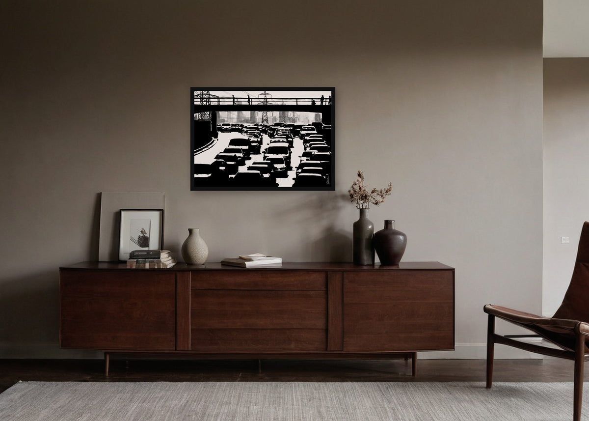 Poster Shanghai Verkeer ingelijst aan de muur in een woonkamer