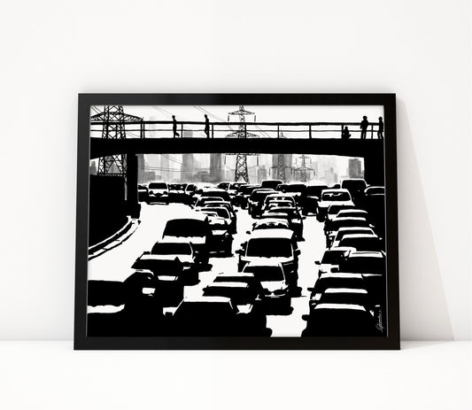 Poster Shanghai Verkeer ingelijst, zwart-wit inkttekening van een file onder een voetgangersbrug