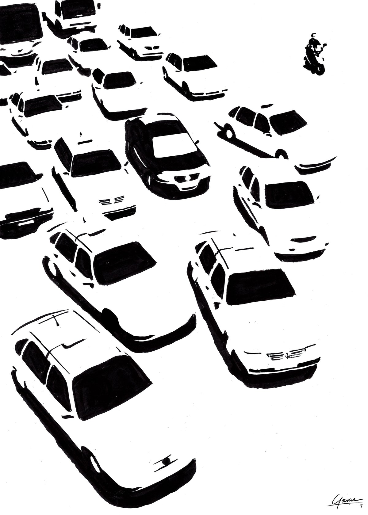 Shanghai Crossroad poster, inkttekening van witte auto's van bovenaf gezien