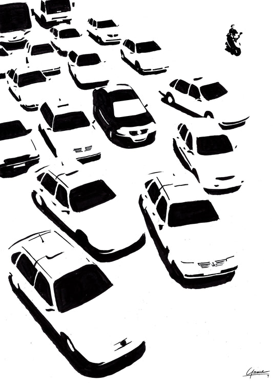 Shanghai Crossroad poster, inkttekening van witte auto's van bovenaf gezien