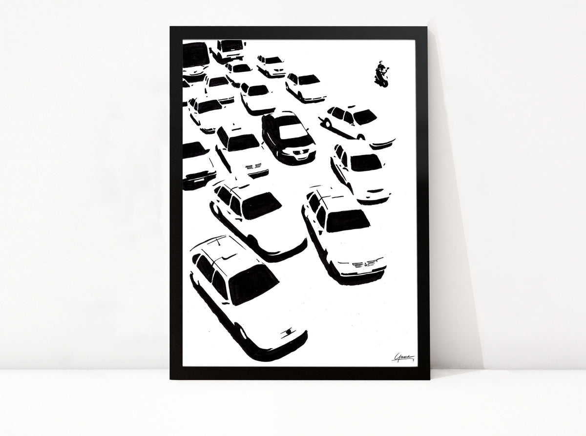 Poster Shanghai Crossroad ingelijst, zwart-wit inkttekening van auto's op een kruispunt