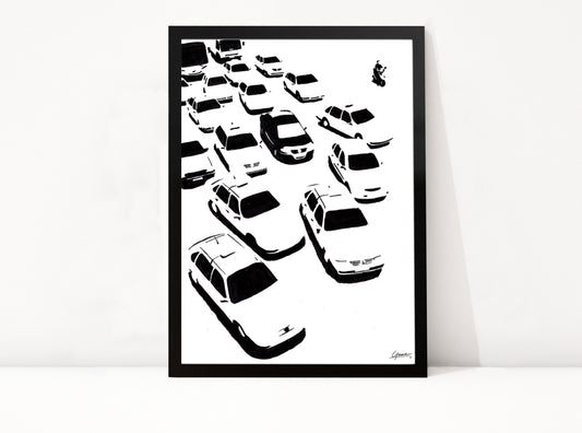 Poster Shanghai Crossroad ingelijst, zwart-wit inkttekening van auto's op een kruispunt