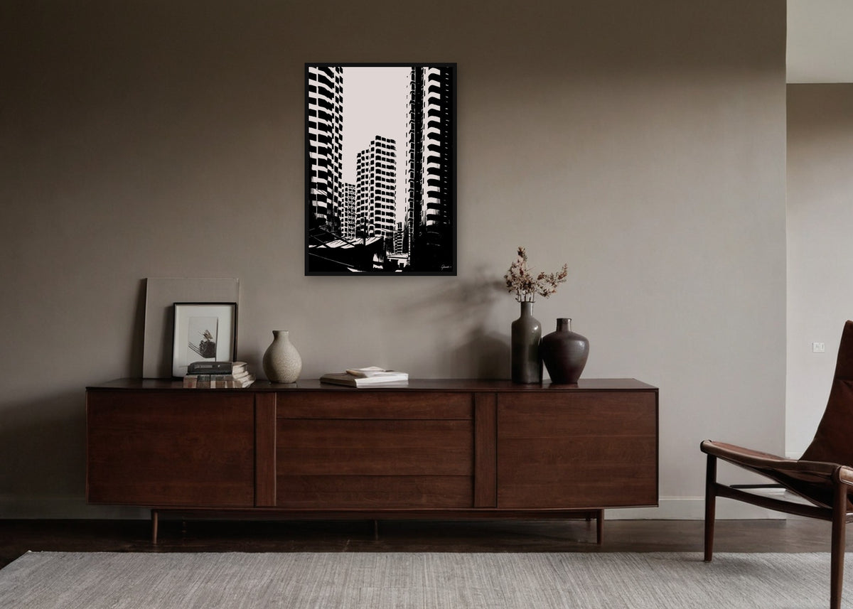 Poster Shanghai Highrise ingelijst aan de muur in een woonkamer