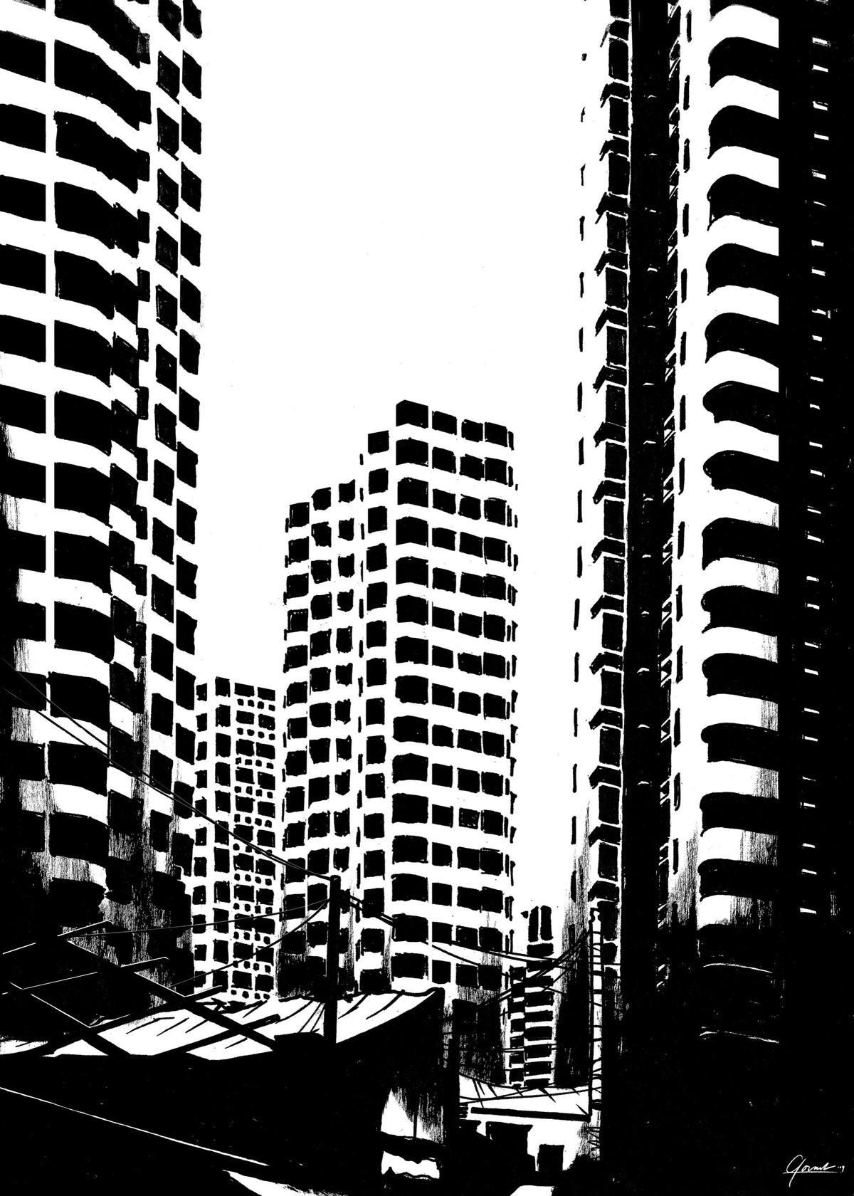 Shanghai Highrise poster, inkttekening van hoge woontorens met balkons