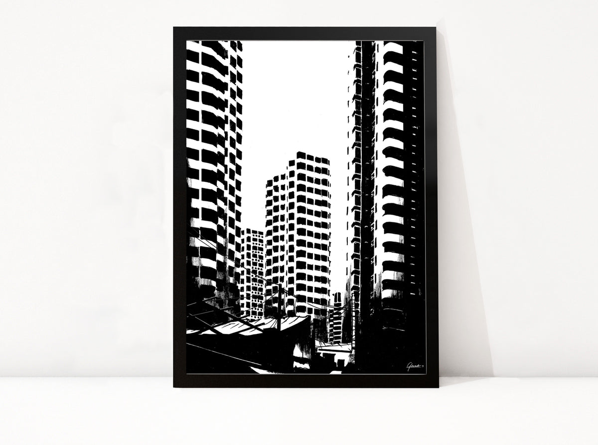 Poster Shanghai Highrise ingelijst, zwart-wit inkttekening van woontorens van onderaf