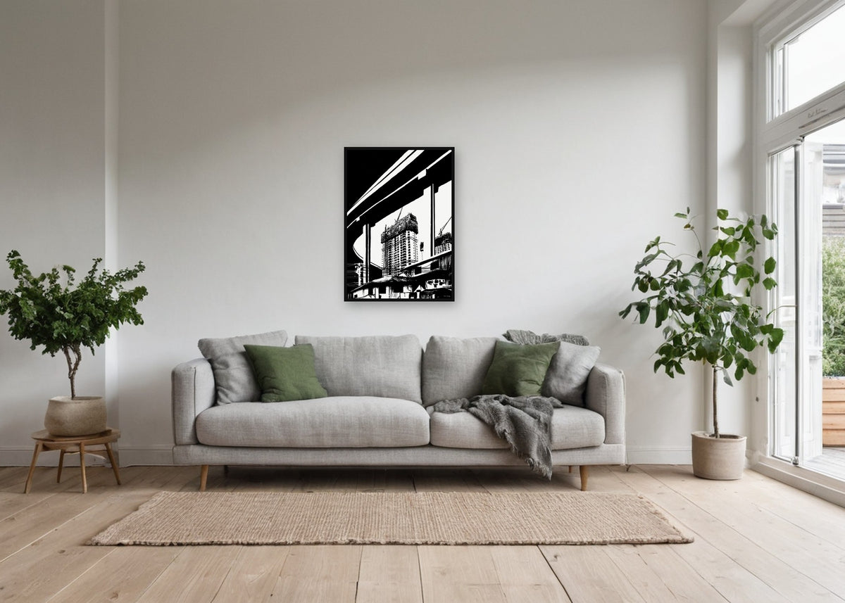 Poster Shanghai Highway ingelijst aan de muur in een woonkamer