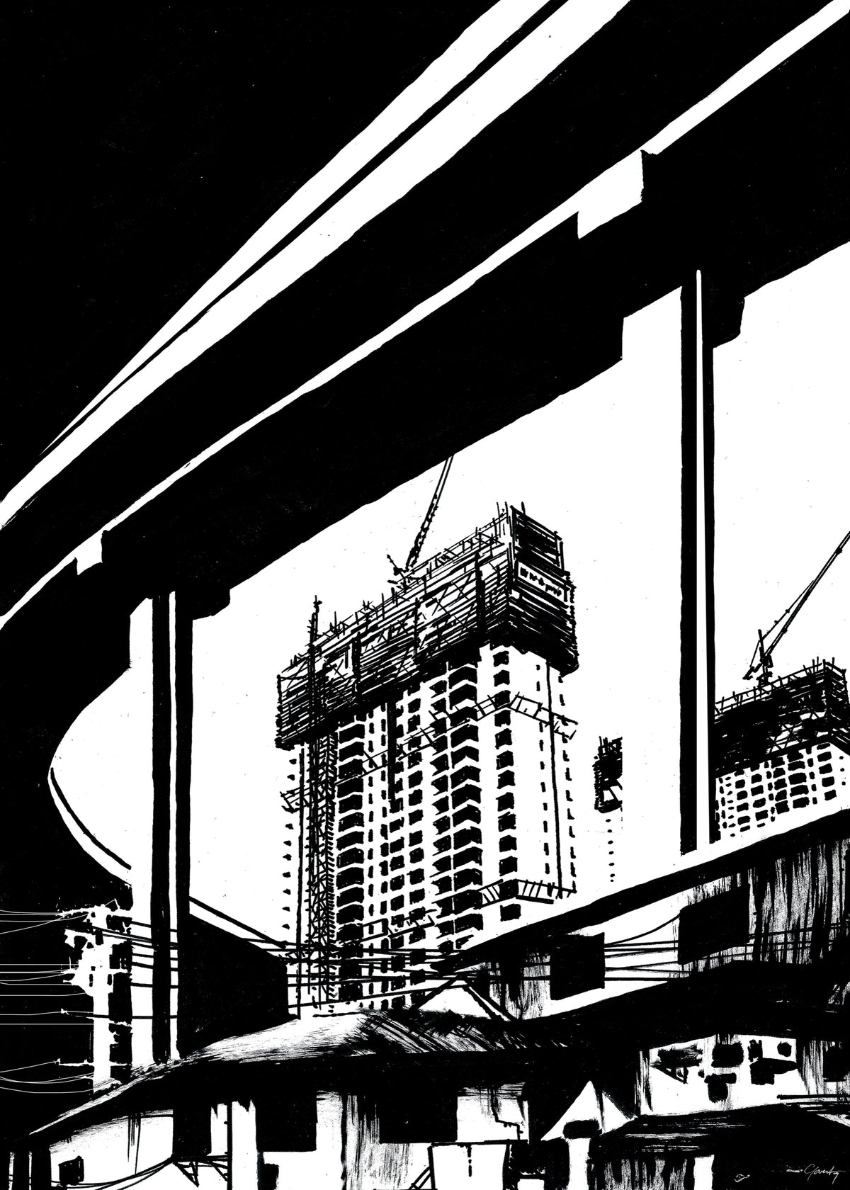 Shanghai Highway poster, inkttekening van een verhoogde snelweg en een bouwkraan