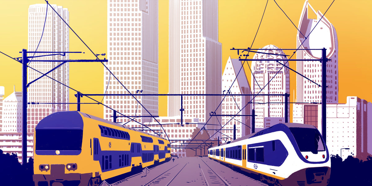 Den Haag Skyline met Treinen poster, gele en witte trein op het spoor voor de torens