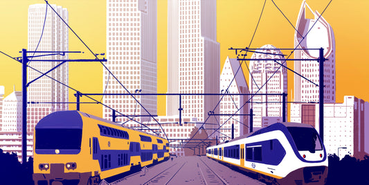 Den Haag Skyline met Treinen poster, gele en witte trein op het spoor voor de torens