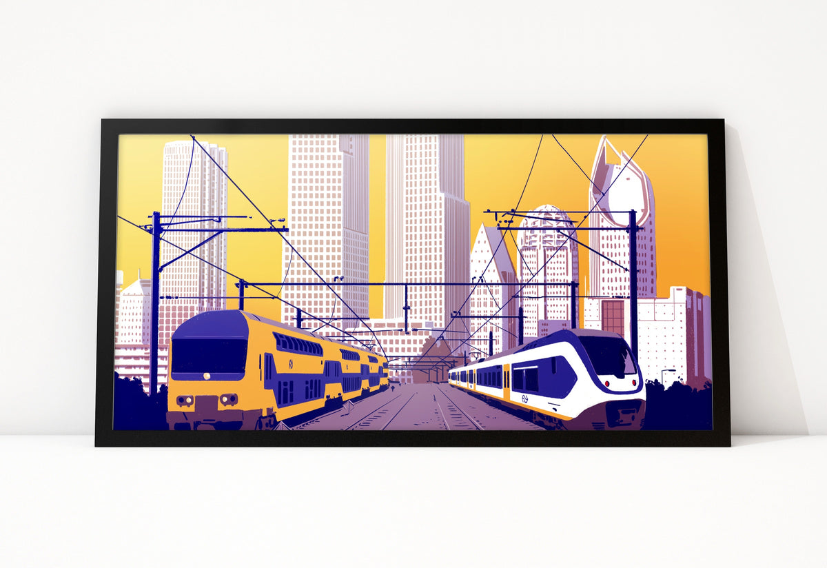 Poster Den Haag Skyline met Treinen ingelijst, illustratie van treinen voor de hoogbouw van Den Haag