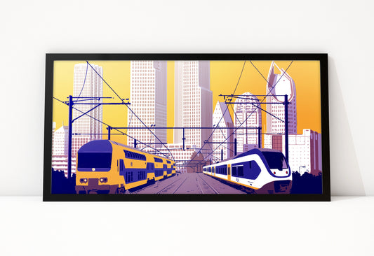 Poster Den Haag Skyline met Treinen ingelijst, illustratie van treinen voor de hoogbouw van Den Haag