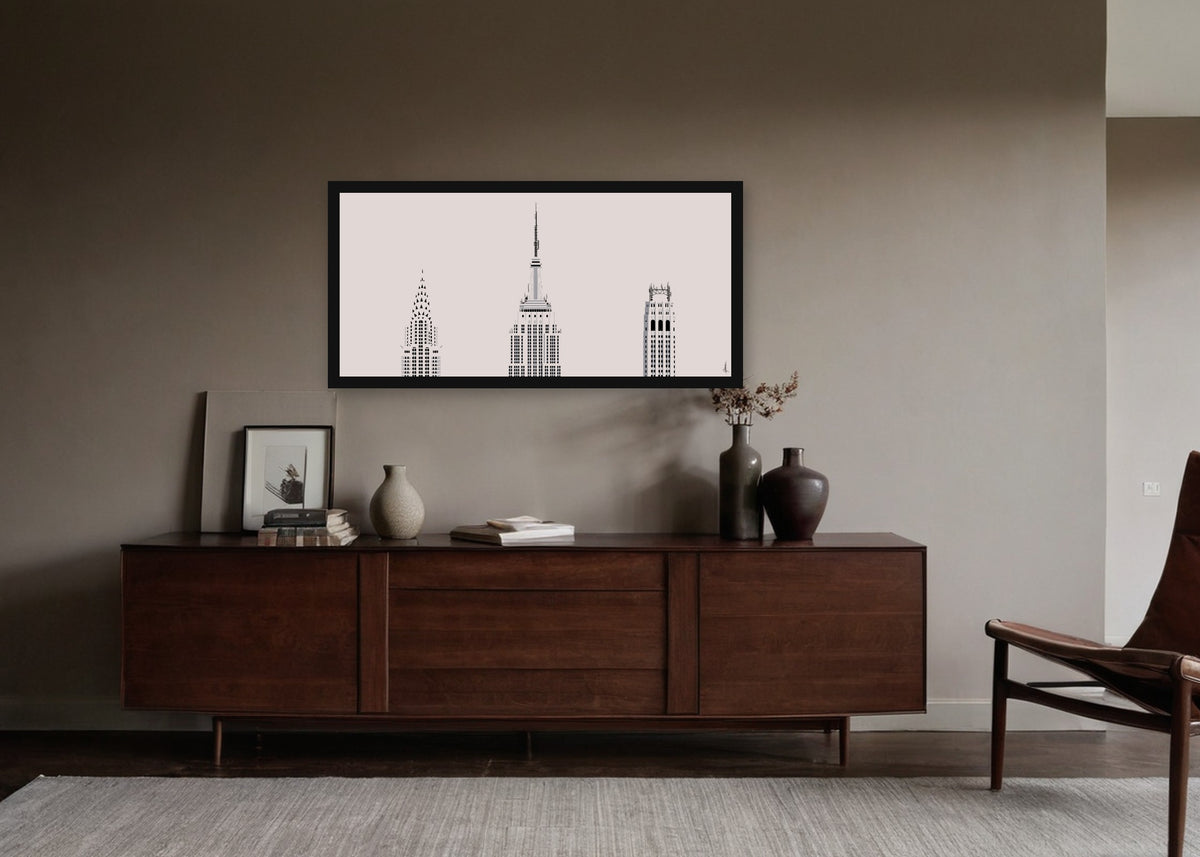 Poster Skyscraper Tops New York ingelijst aan de muur in een woonkamer