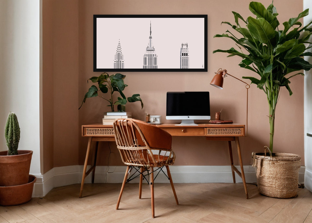 Poster Skyscraper Tops New York ingelijst aan de muur in een kantoor