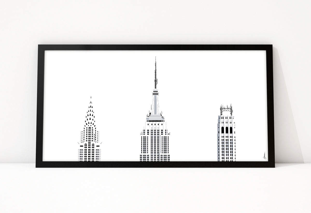 Poster Skyscraper Tops New York ingelijst, zwart-wit tekening van drie torentoppen in Manhattan