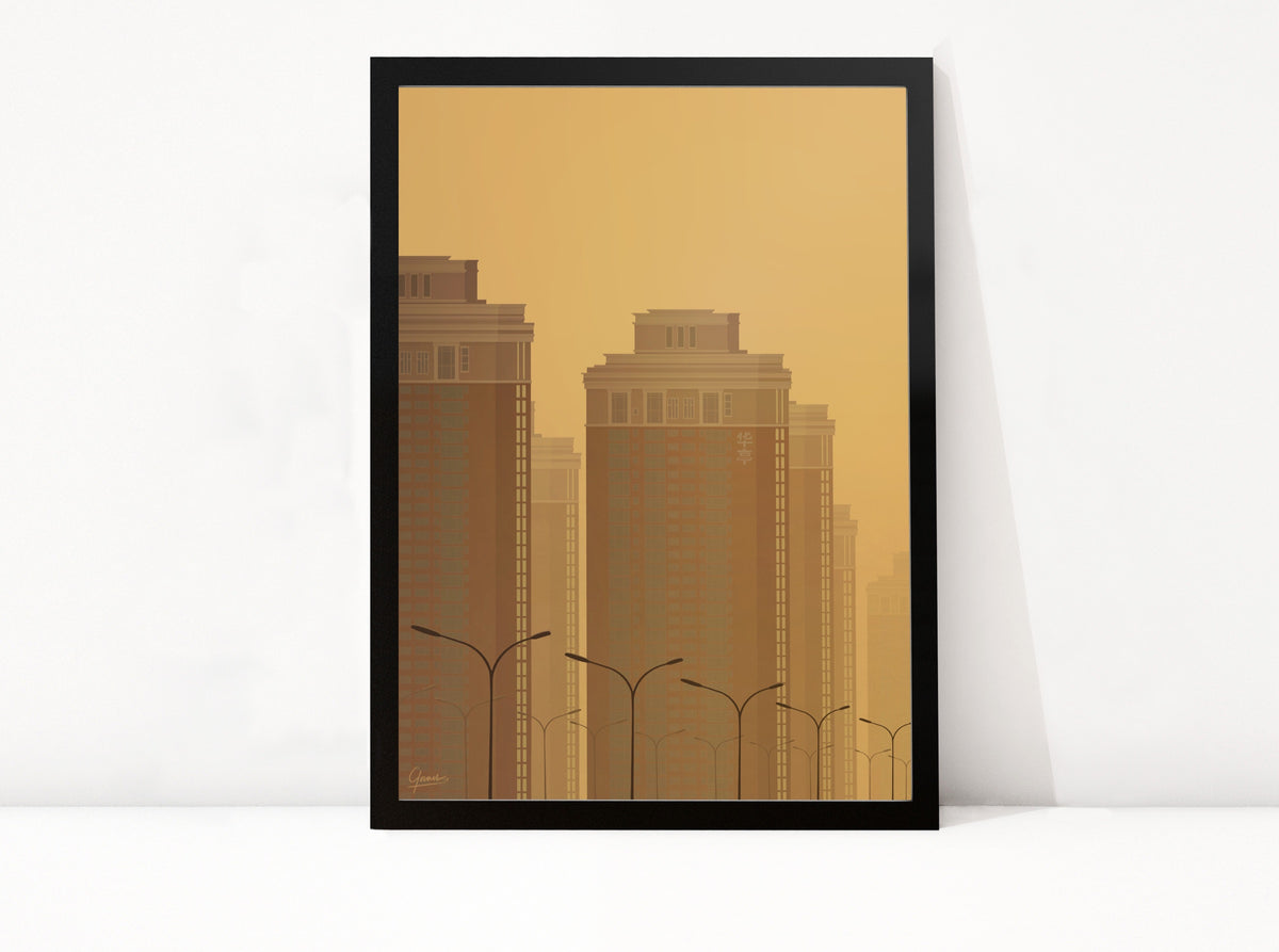 Poster Sunny Day in Beijing ingelijst, illustratie van woontorens in een oranje waas