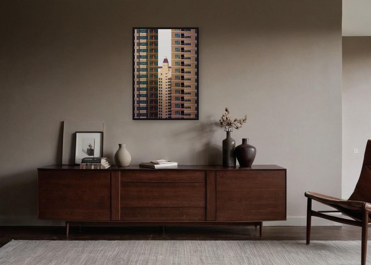 Poster Bangkok Skyscraper Palace ingelijst aan de muur in een woonkamer