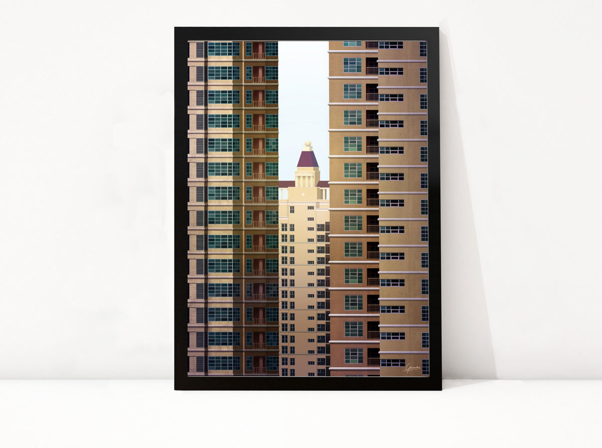 Poster Bangkok Skyscraper Palace ingelijst, illustratie van een toren met koepel tussen woontorens