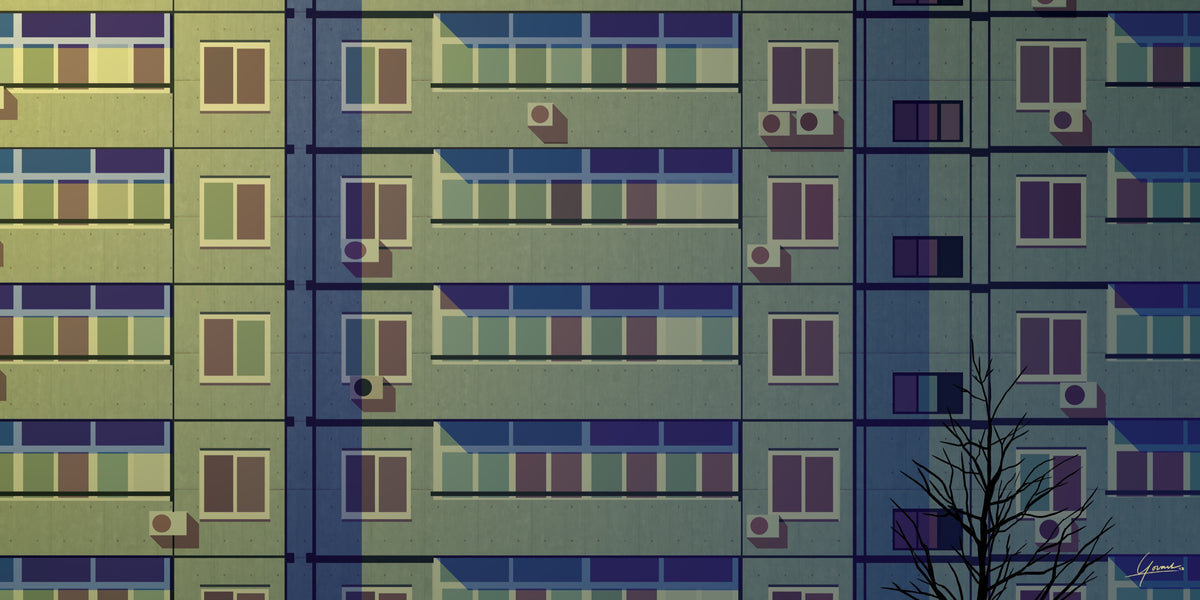 Beijing Residential Area poster, woonblok met balkons, airco's en een kale boom