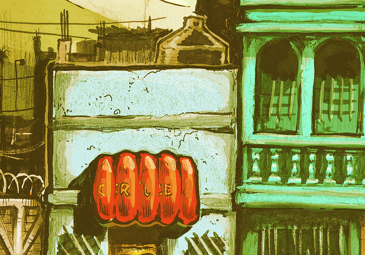 Detail van de Centraal-Amerika poster met de gevels van de winkels