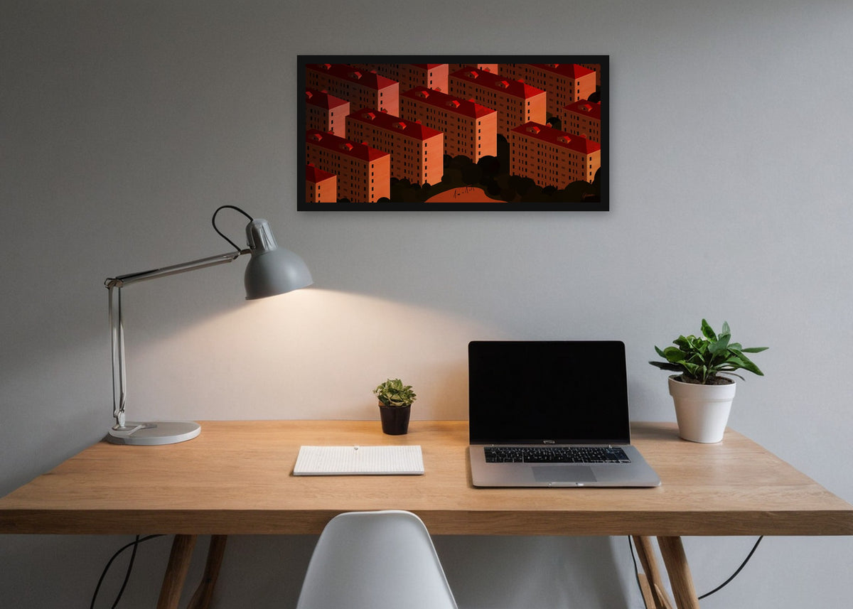 Poster China Housing Blocks ingelijst aan de muur in een kantoor