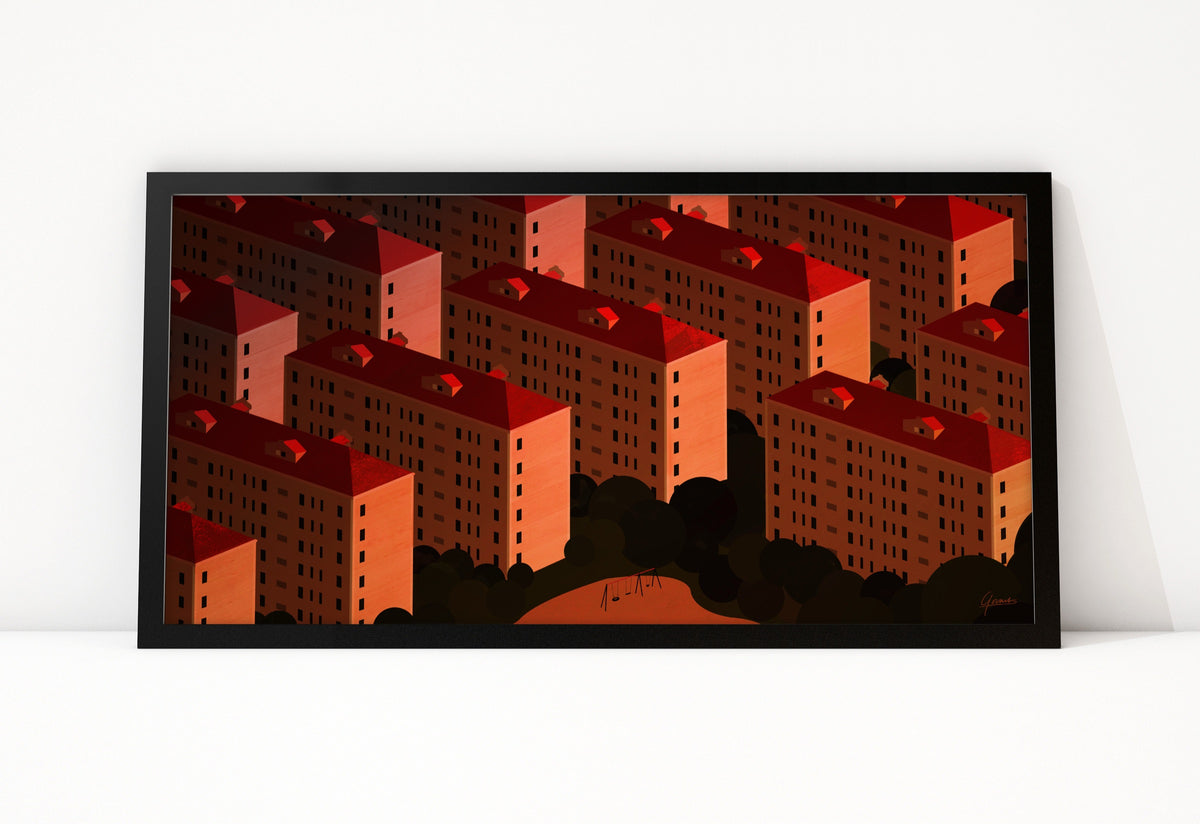 Poster China Housing Blocks ingelijst, illustratie van woonblokken met rode daken