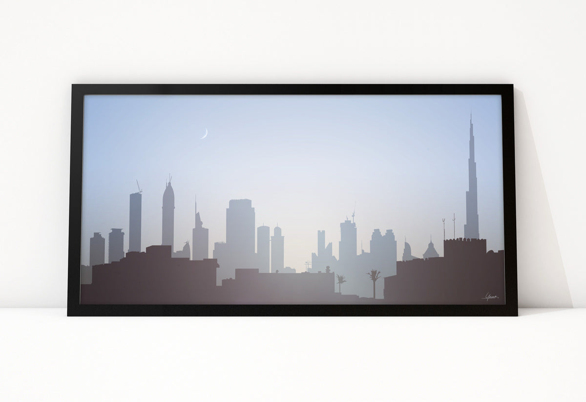 Poster Dubai Dawn ingelijst, illustratie van de skyline van Dubai bij zonsopgang
