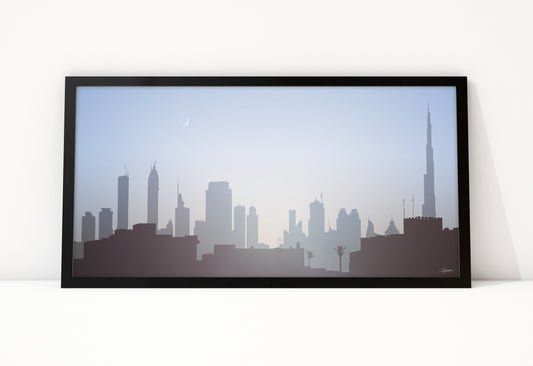 Poster Dubai Dawn ingelijst, illustratie van de skyline van Dubai bij zonsopgang