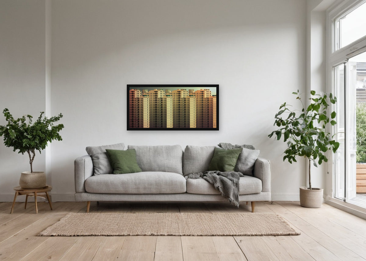 Poster Jakarta Highrises ingelijst aan de muur in een woonkamer