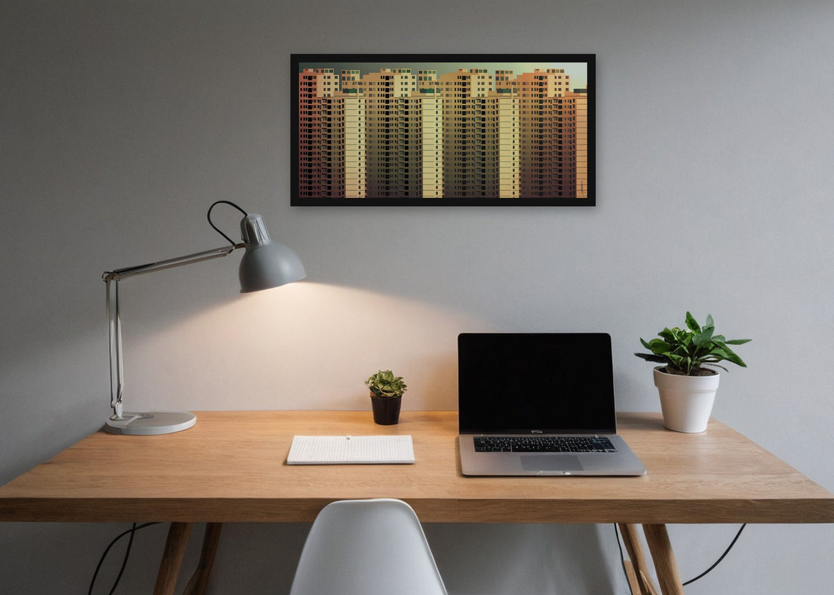 Poster Jakarta Highrises ingelijst aan de muur in een kantoor
