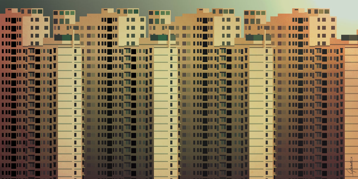 Jakarta Highrises poster, woontorens met honderden ramen onder een groene lucht