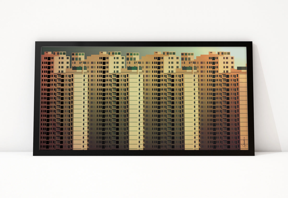Poster Jakarta Highrises ingelijst, illustratie van een rij woontorens in warme tinten