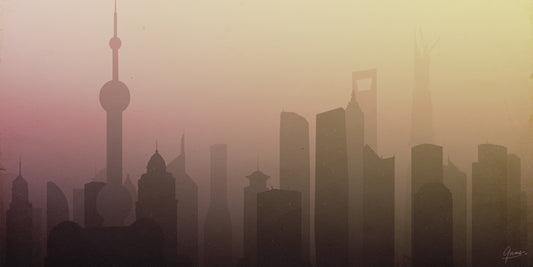 Shanghai Morning Sun poster, silhouet van Pudong met de Oriental Pearl Tower