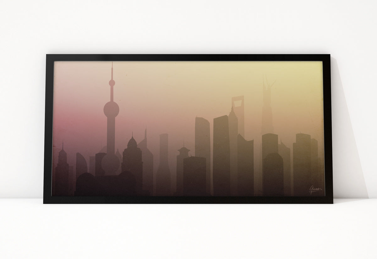 Poster Shanghai Morning Sun ingelijst, illustratie van de skyline van Shanghai in de ochtendnevel
