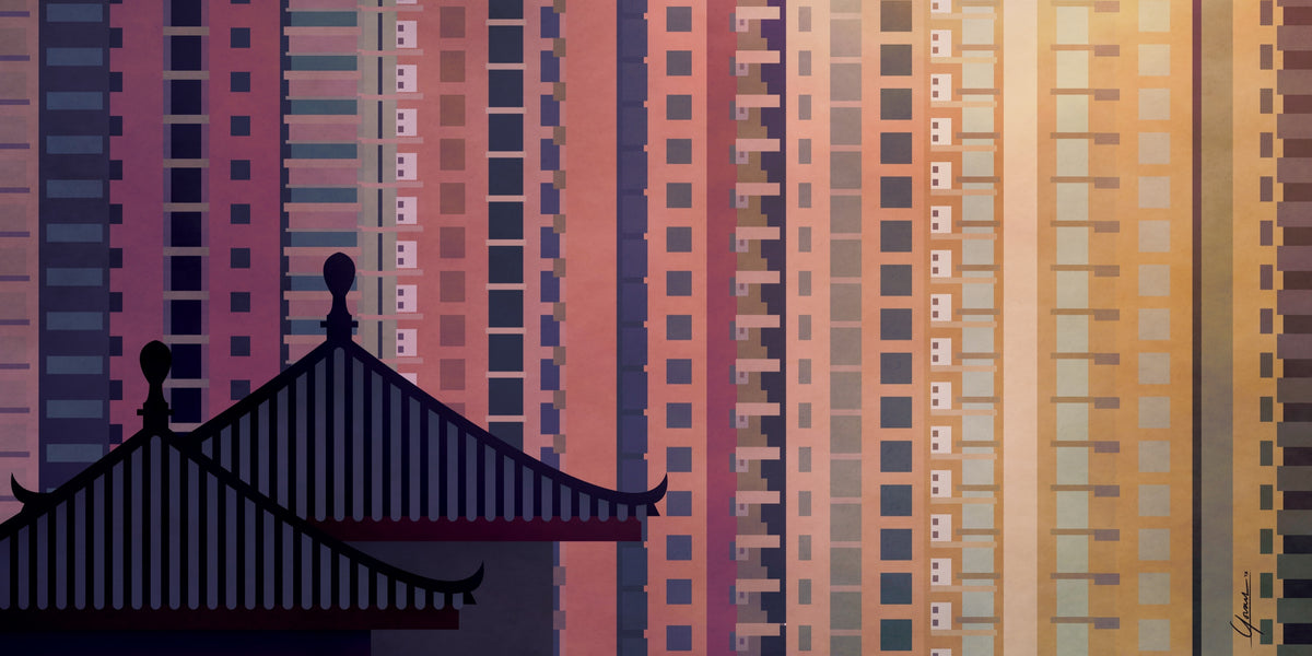 Shanghai Temple poster, silhouet van een tempeldak tegen torens in paars, roze en oranje