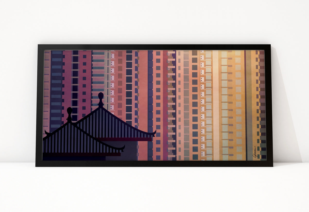 Poster Shanghai Temple ingelijst, illustratie van een tempeldak voor kleurige woontorens