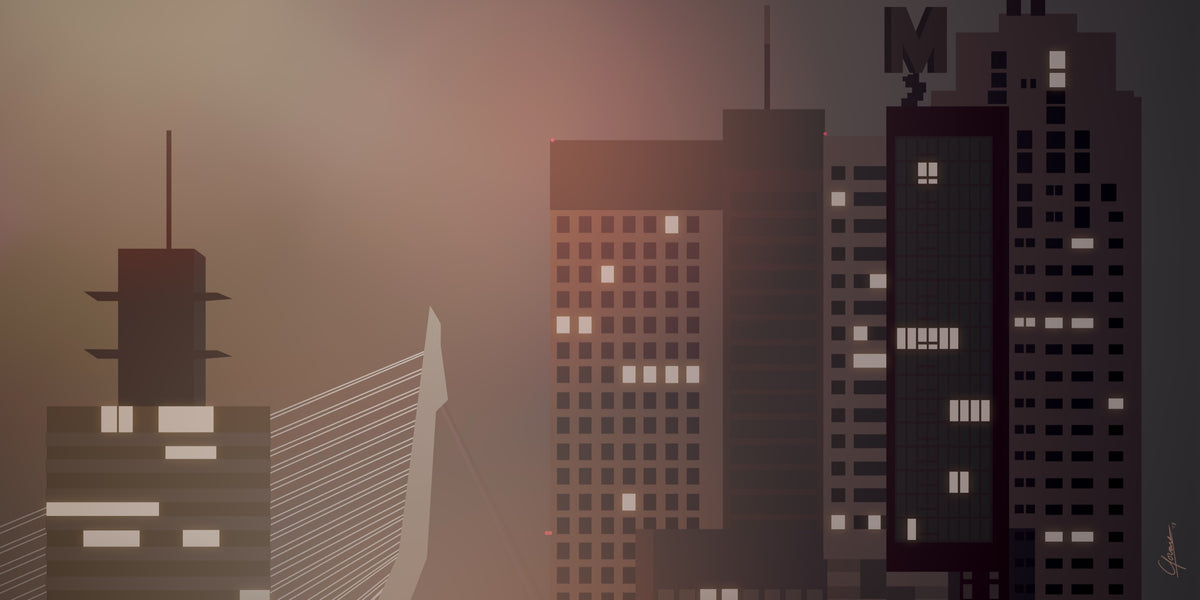 Wilhelminapier bij Nacht poster, verlichte ramen en de pyloon van de Erasmusbrug