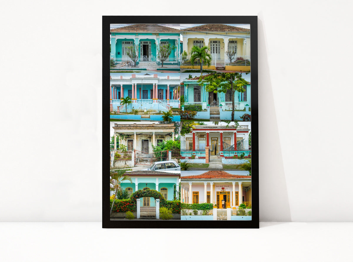 Poster Cuba Villas Collage ingelijst, acht kleurenfoto's van villa's in Cuba