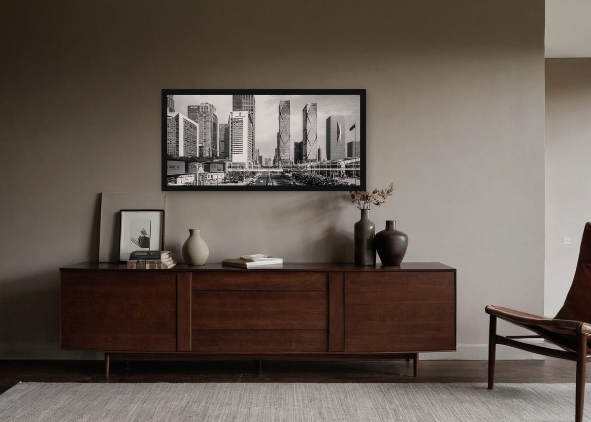 Poster Shenzhen 7 ingelijst aan de muur in een woonkamer