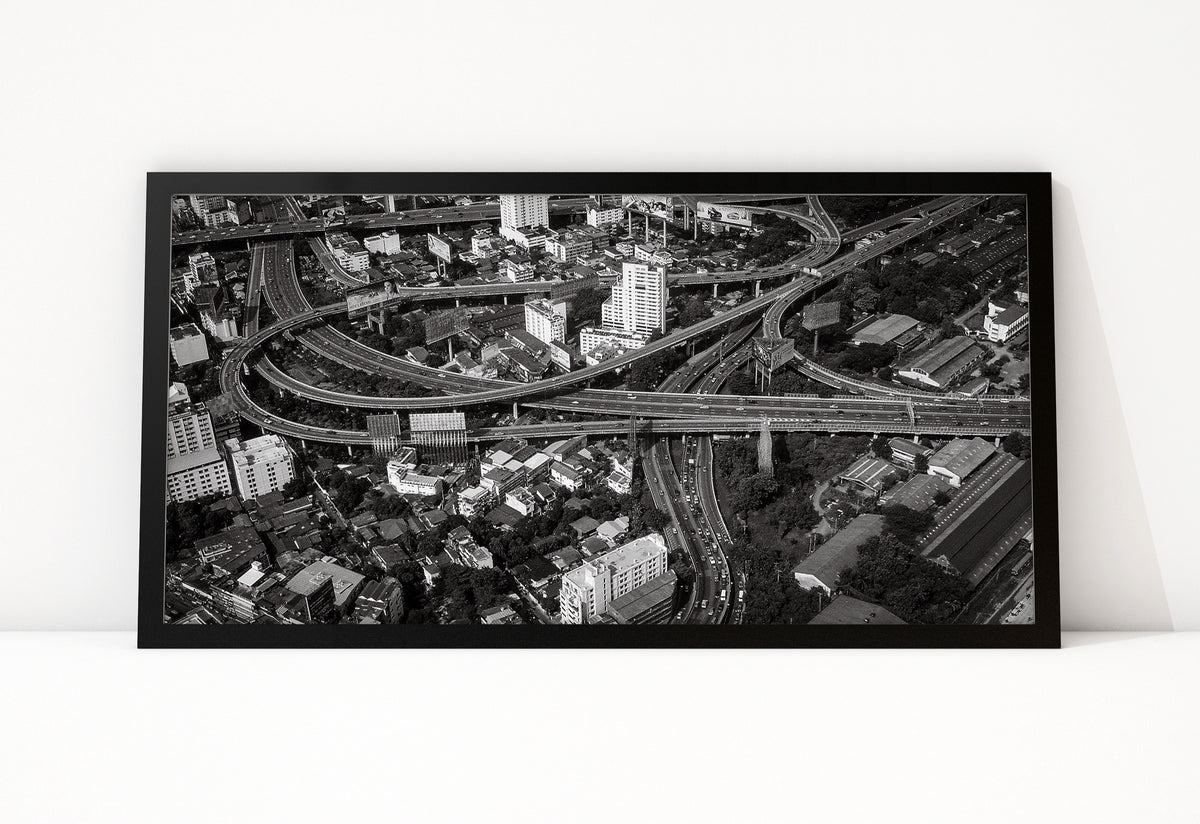 Poster Bangkok Flyovers ingelijst, zwart-witfoto van verhoogde snelwegen in Bangkok