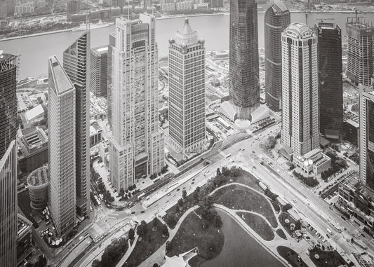 Shanghai 7 poster, zwart-wit foto van de stad Shanghai