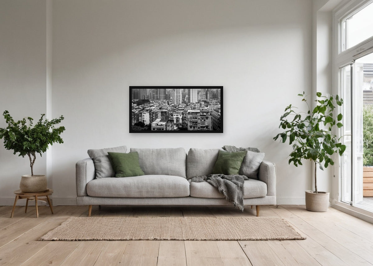 Poster Macau 6 ingelijst aan de muur in een woonkamer