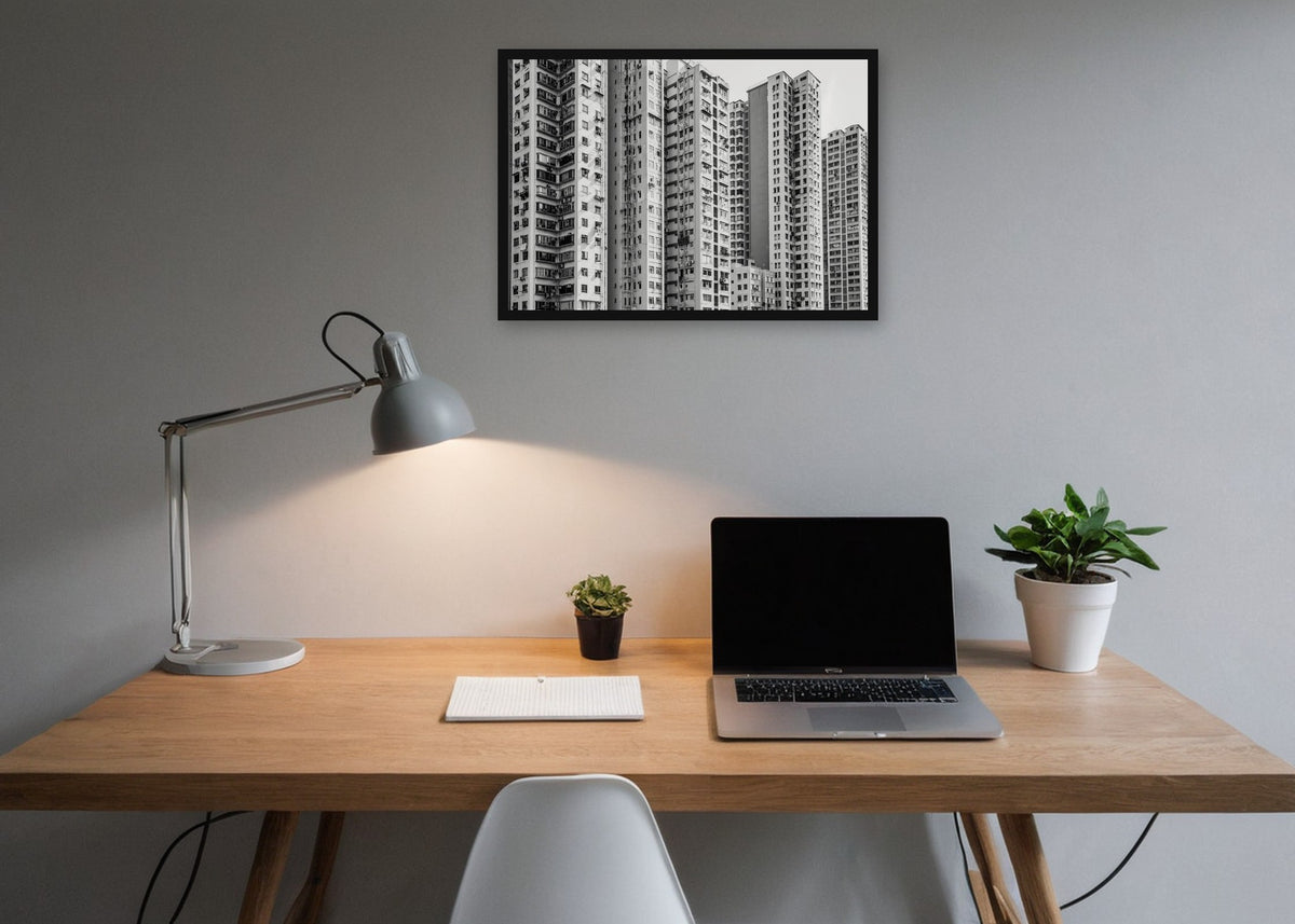 Poster Hongkong 14 ingelijst aan de muur in een kantoor
