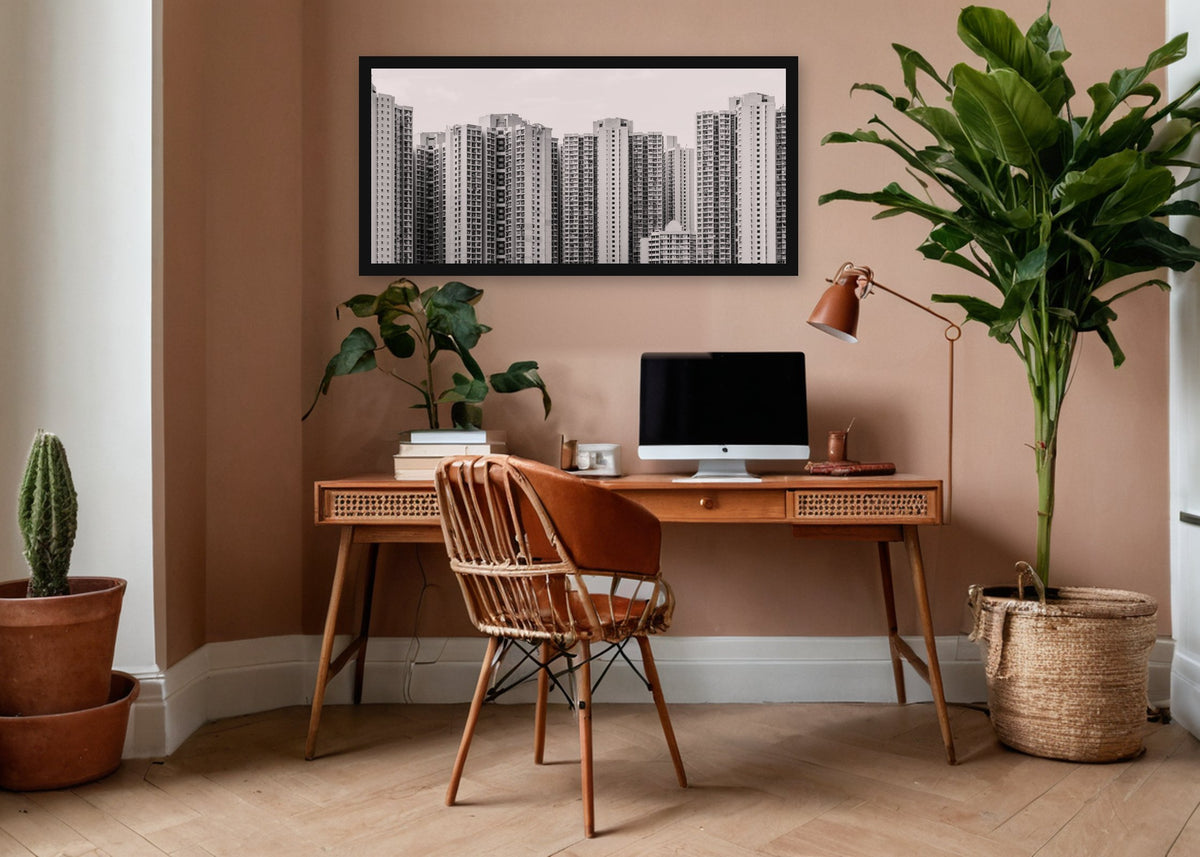 Poster Hongkong 21 ingelijst aan de muur in een kantoor